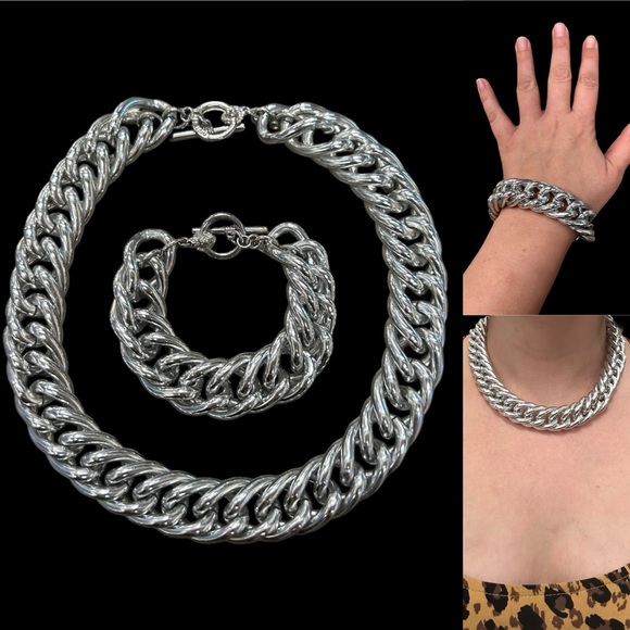 Vintage Anne Klein silvertone chunky chainlink necklace and bracelet set